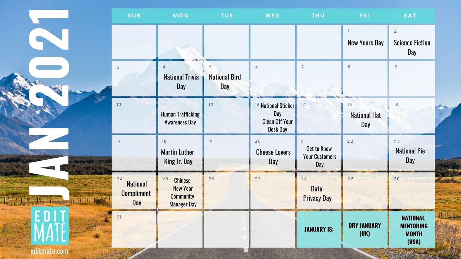 On this day, neil armstrong becomes the first person to step on the moon at 2:56:15 am (gmt) and the daily show hosted by craig kilborn premieres on comedy central in the us. National Day Calendar 2021 - 2021 Social Media Holiday Calendar | EditMate