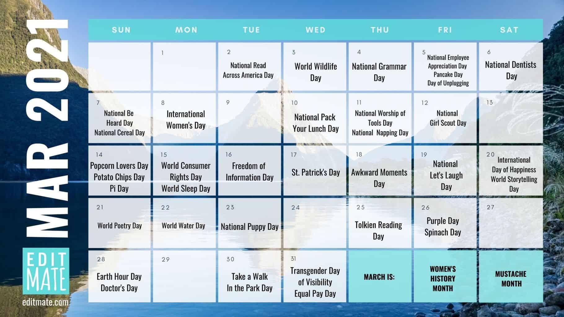 National day calendar free printable. National Day Calendar 2021 - 2021 Social Media Holiday Calendar | EditMate